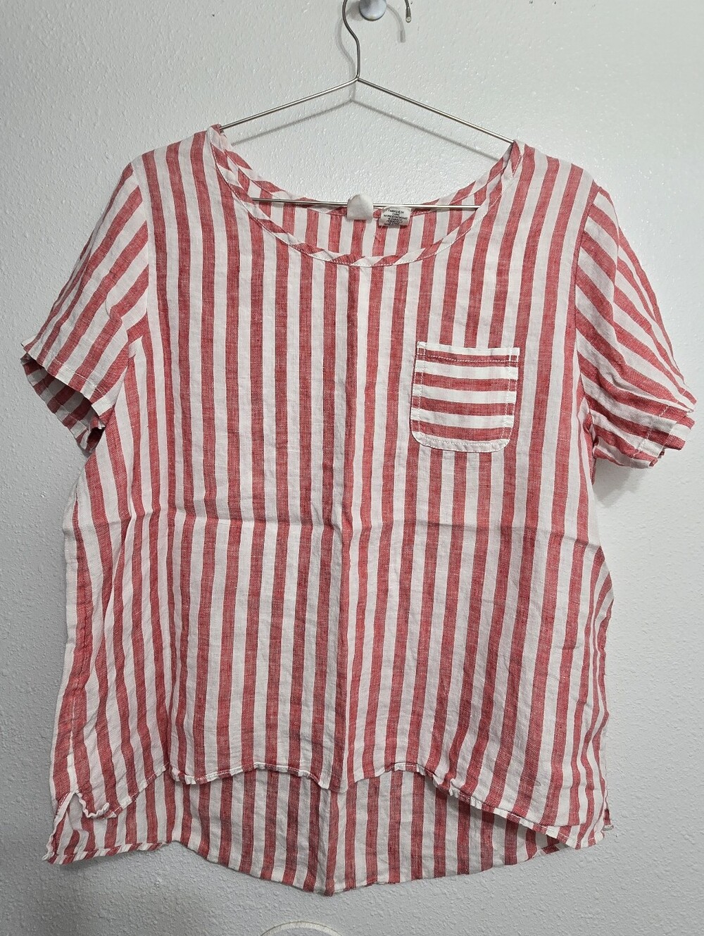 Artisan Red & White Striped Short-Sleeve Pocket Tee 100% Linen